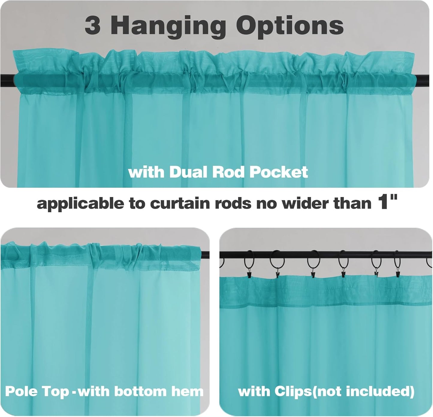 Chyhomenyc Turquoise Sheer Curtains 45 Inch Long 2 Panels, Light Filtering Rod Pocket Voile Short Curtains Drapes for Living Room Bedroom Small Windows, 42Wx45L Inches