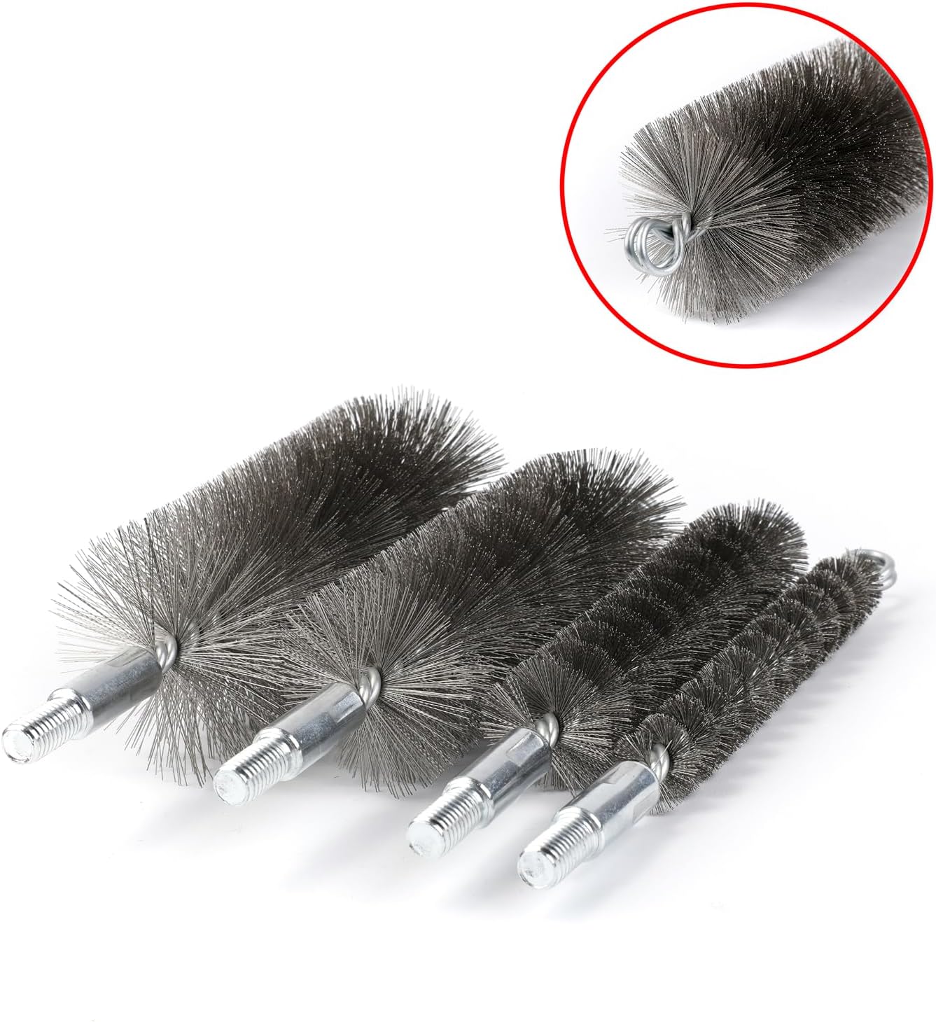 50 in Pipe Cleaning Brush Set with Stainless Steel Bristles, Wire Brush with 4pcs Galvanized Rod, Stainless Steel Pipe Brush 4pcs for Auto Parts, Bottles, Tubes. (3/5, 1, 1 3/5, 2 in Brush Heads)