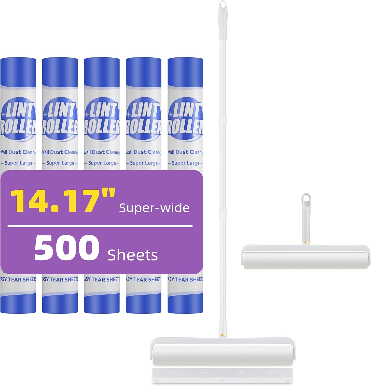 14.17" Extra-Wide Lint Roller Kit with 5 Refills & Dust Cover | Reusable Pet Hair Remover for Furniture, Car, Clothes | Extendable Handle (100 Sheets/Roll) (5)