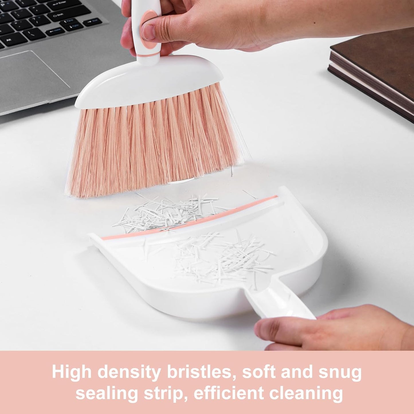 NACENA Small Dust Pan and Brush Set, Mini Broom and Dustpan Set Small Hand Broom and Brush Combo Dust Pan with Teeth for Home Cleaning Drawers Desktop Sofas Pet Care and Outdoor, Pink