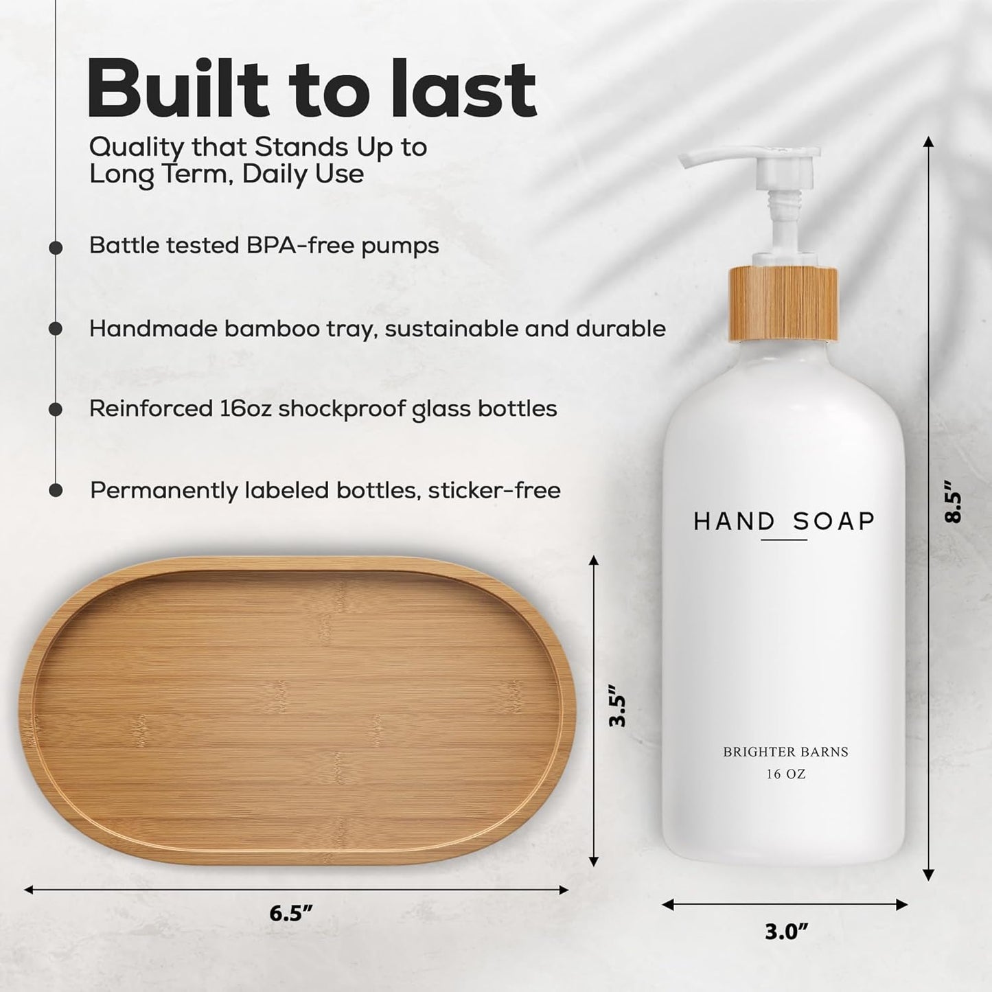White Glass Soap and Lotion Dispenser Set with Tray by Brighter Barns - Hand Soap Dispenser Bathroom Set - Bamboo Bathroom Soap Dispenser Set - Minimalist Bathroom Accessories, Modern Home Decor