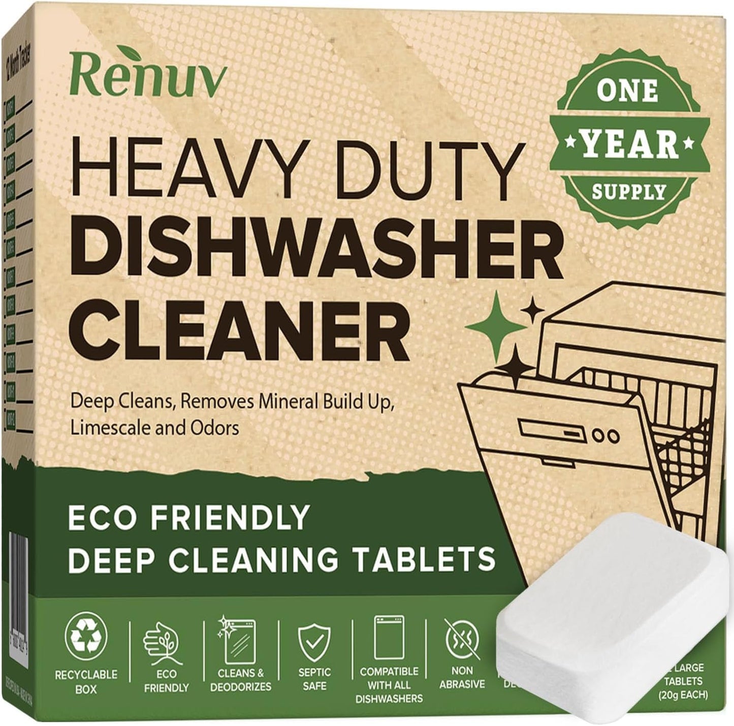 Heavy Duty Dishwasher Cleaner and Deodorizer Tablets, Descaler, Deep Cleaning, Natural Odor and Smell Remover, Calcium, Limescale, Hard Water Marks, Grease, Septic Safe Pods (12 Tabs - 1 Yr Supply)