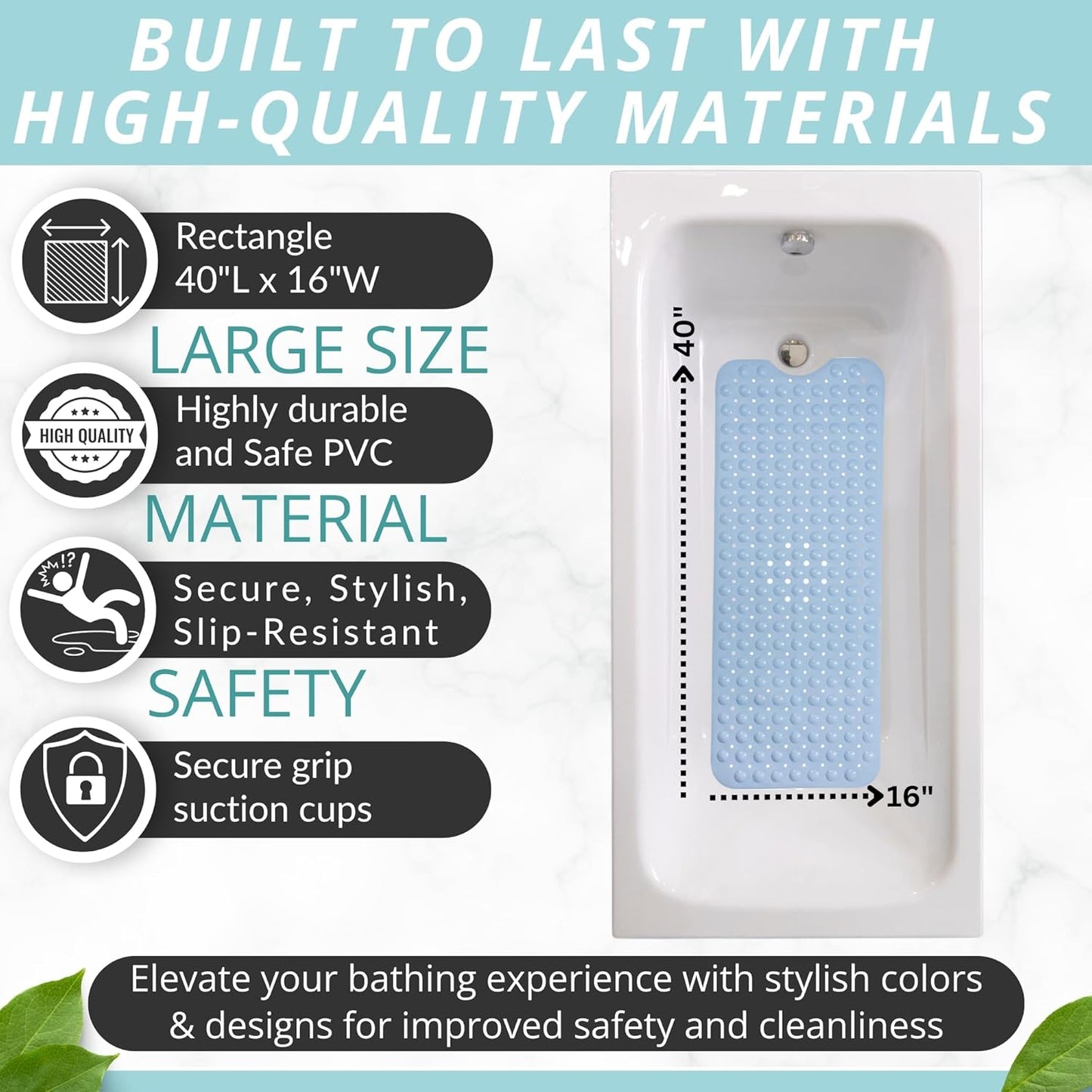 ENKOSI Non-Slip Bath Mat - Extra Long 40 x 16 Inch Large Anti-Slip Tub & Shower Mat with Suction Cups and Drain Holes for Bathroom Bathtub Safety and Decor (40x16 Aqua Blue)