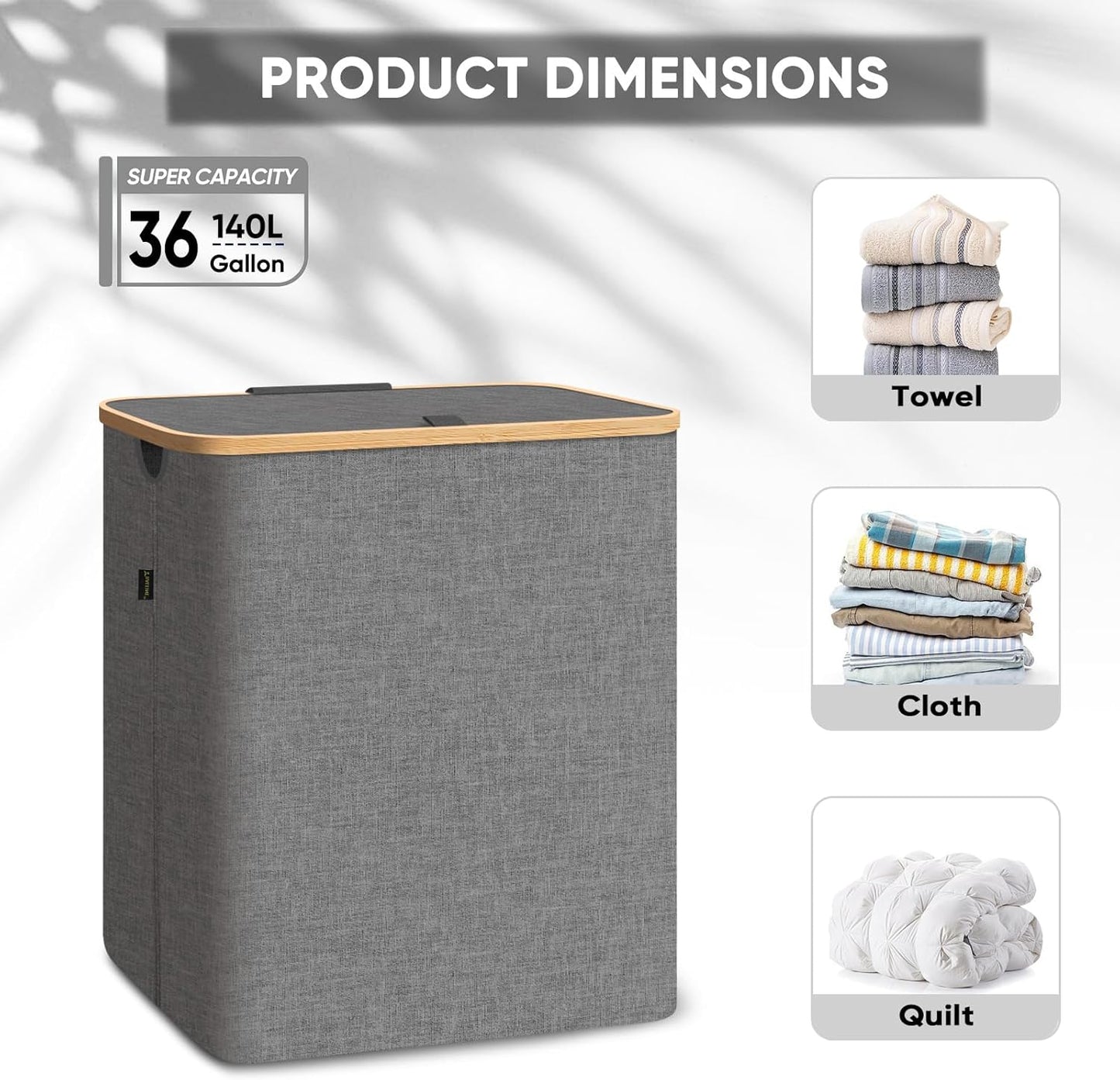 BALEINE Laundry Hamper with Lid, Tall Laundry Baskets with Bamboo Pull Handles, Large Laundry Bin with Internal Support (36 Gal/140L, Black)