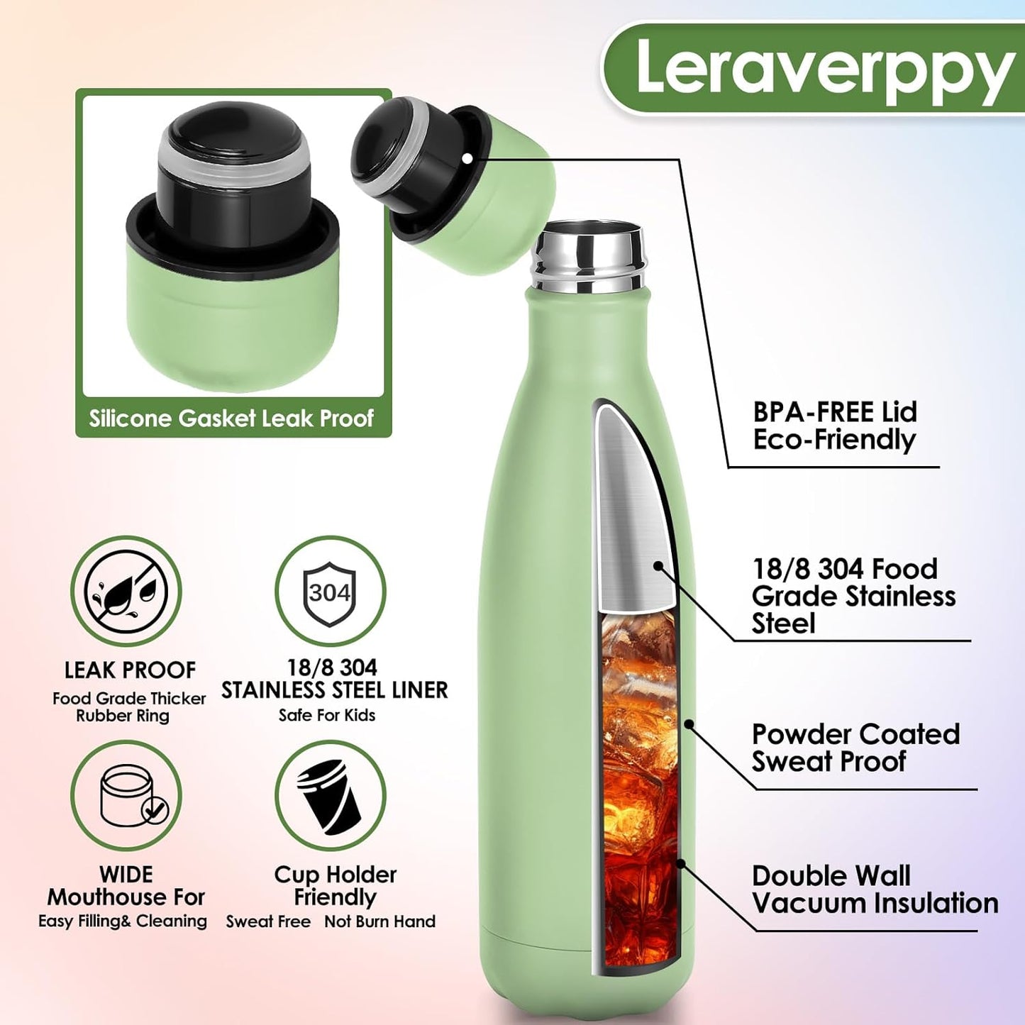 17oz Cola-Bottle Shaped Stainless Steel Leak-proof Water Bottle,Double Wall Vacuum Insulated Metal,Travel Mug For Sports Indoors & Outdoors,BPA-Free Kids Flasks,Green(8 Pack)