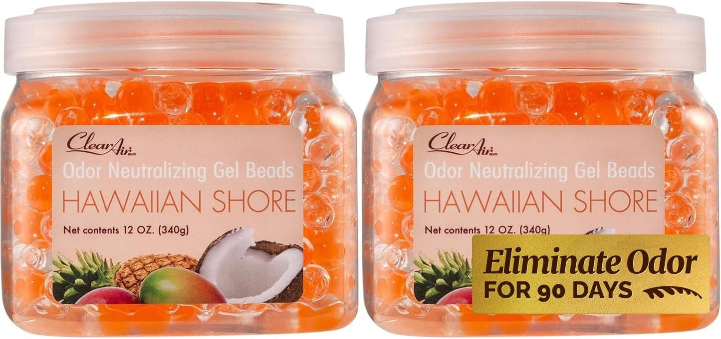 Clear Air Odor Eliminator Gel Beads - 12 oz, Pack of 2 - Air Freshener Made with Essential Oils - Eliminates Odors in Bathrooms, Cars, Boats, RVs & Pet Areas - Hawaiian Shore Scent