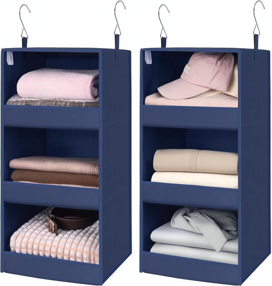 GRANNY SAYS 3-Shelf Closet Organizers and Storage, Foldable Hanging Closet Organizer, Closet Hanging Shelves with 2 Metal Hooks, Leak-Proof Hanging Organizer for Closet, Navy, 2-Pack