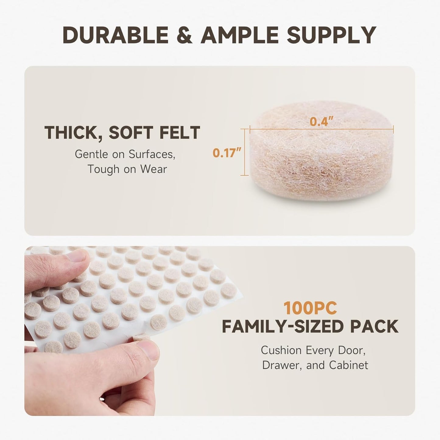 CO-Z 100pcs Felt Cabinet Door Bumpers, Small Pads for Cabinet Doors 0.4 in Diameter, Self Adhesive Thick Felt-Dots Bumper Pads for Furniture Drawers Walls Floors