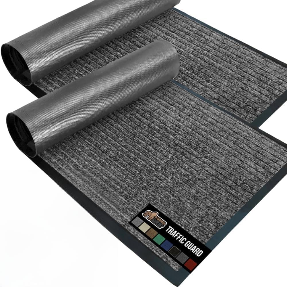 GORILLA GRIP Traffic Guard Door Mat, 2 Pack, Heavy Duty Waterproof Doormat, Commercial Office Space Welcome Mats, Stain and Fade Resistant, Low Profile, Strong Rubber Backing, 29x17, Gray