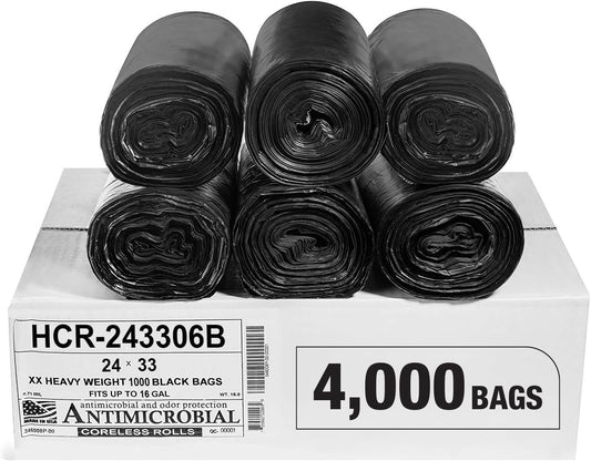 Aluf Plastics High Density Trash Bags, 16 Gallon, 4000 Count, 6 Micron (eq), 24" x 33", Black, for Bathroom, Office, Industrial, Commercial, Janitorial, Municipal, Recycling