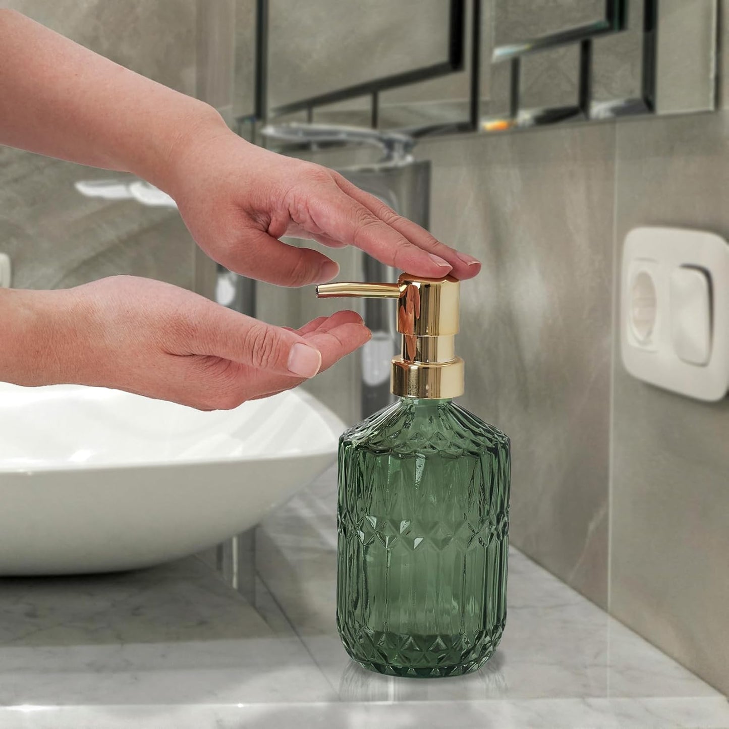 Glass Soap Dispenser Green Bottle Gold Plastic Pump Refillable Kitchen Sink Countertop Hand Dish Dispensers
