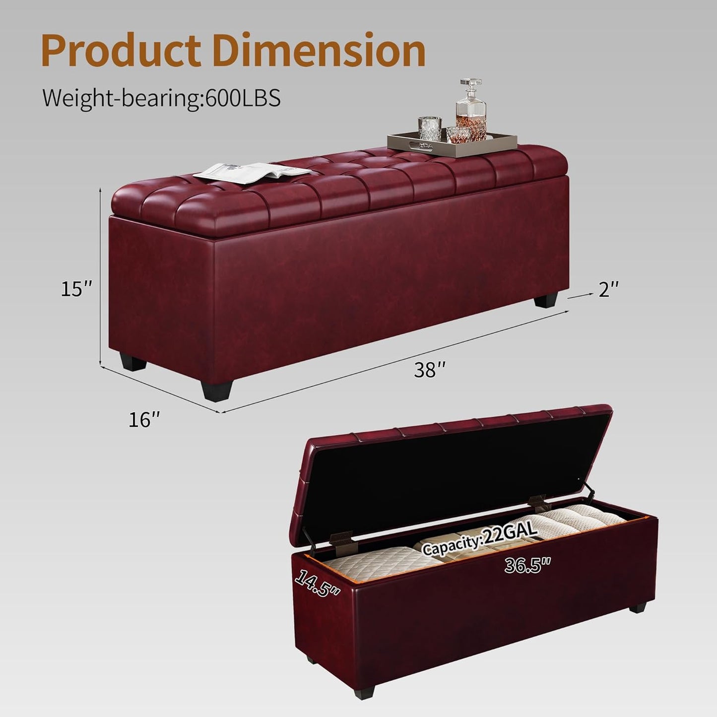 38 Inches long Wine red Ottoman Bench with Storage, footstool Furniture End of Bed storage benches,Faux leather Ottomans with Storage and Seat for Foot rest in Bedroom, Living Room, Entryway