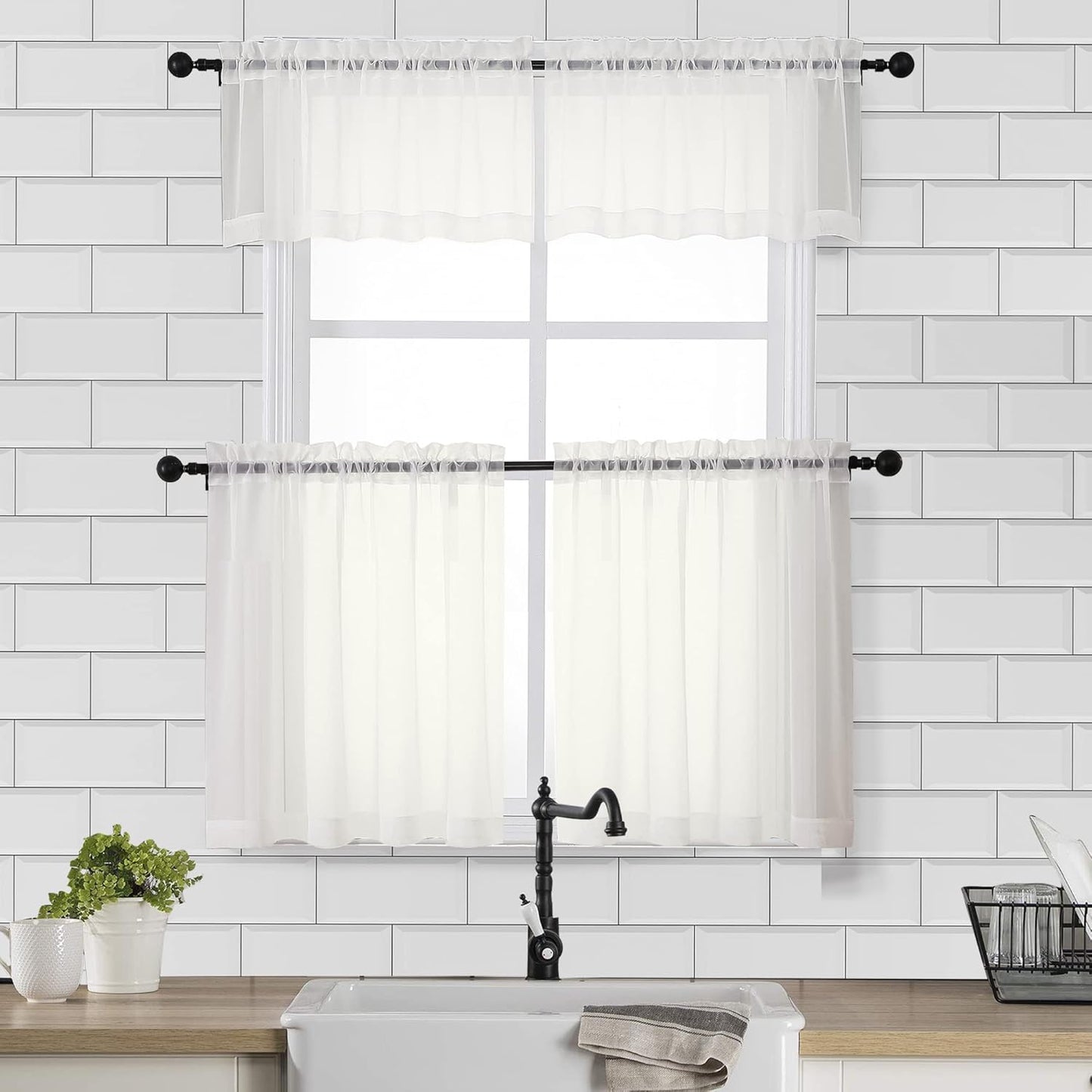 Chyhomenyc Sheer Curtains Tiers 2 Pieces Set, Light Filtering Small Curtains 24 in Length, Short Bathroom Living Room Cafe Basement Voile Window Curtains, Rod Pocket, 42W x 24L Inches, Ivory