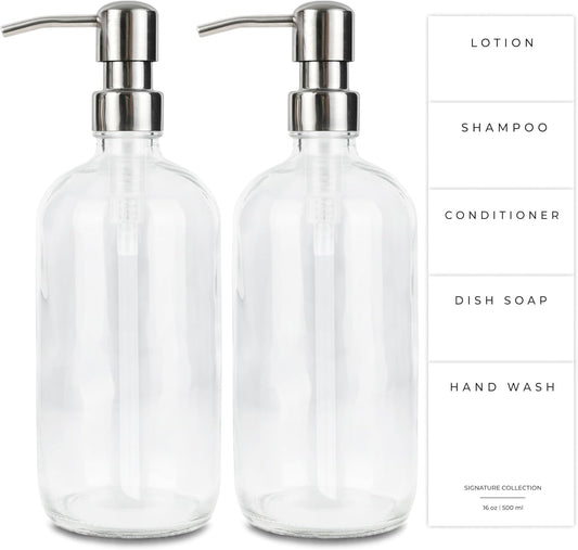Emerson Essentials Glass Soap Bottle Dispensers, 2 Pack, Stainless-Steel Pumps Rust-Free, Hand Set for Bathroom Kitchen Sink, Liquid Lotion Shampoo Jars with 4 Waterproof Labels, 16 Oz Chrome
