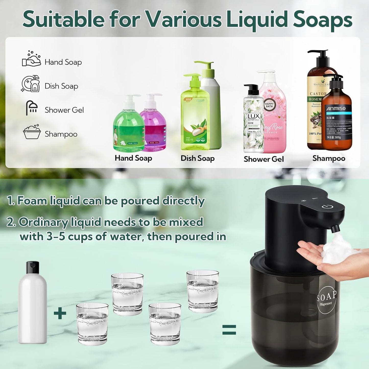 2 Pack Automatic Soap Dispenser, Touchless Automatic Foaming Soap Dispenser, Electric Wall Mounted Dispenser, 13.5oz/400ML USB Rechargeable with 4-Level Adjustment for Bathroom, Kitchen & Office