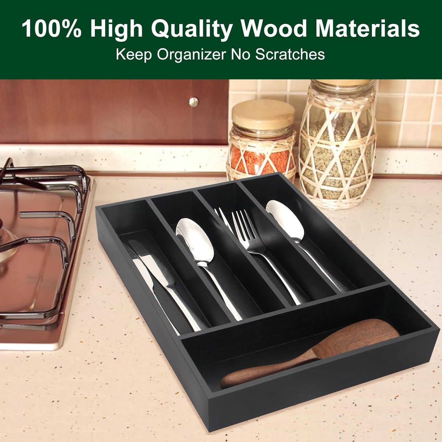 Ayiaren Small Kitchen Silverware Organizer Wooden Utensil Drawer Organizers Narrow Flatware Tray Wood Flatware Organizer for Drawer Spoon Organizer Black Utensil Holder Drawers Bamboo Silverware Tray
