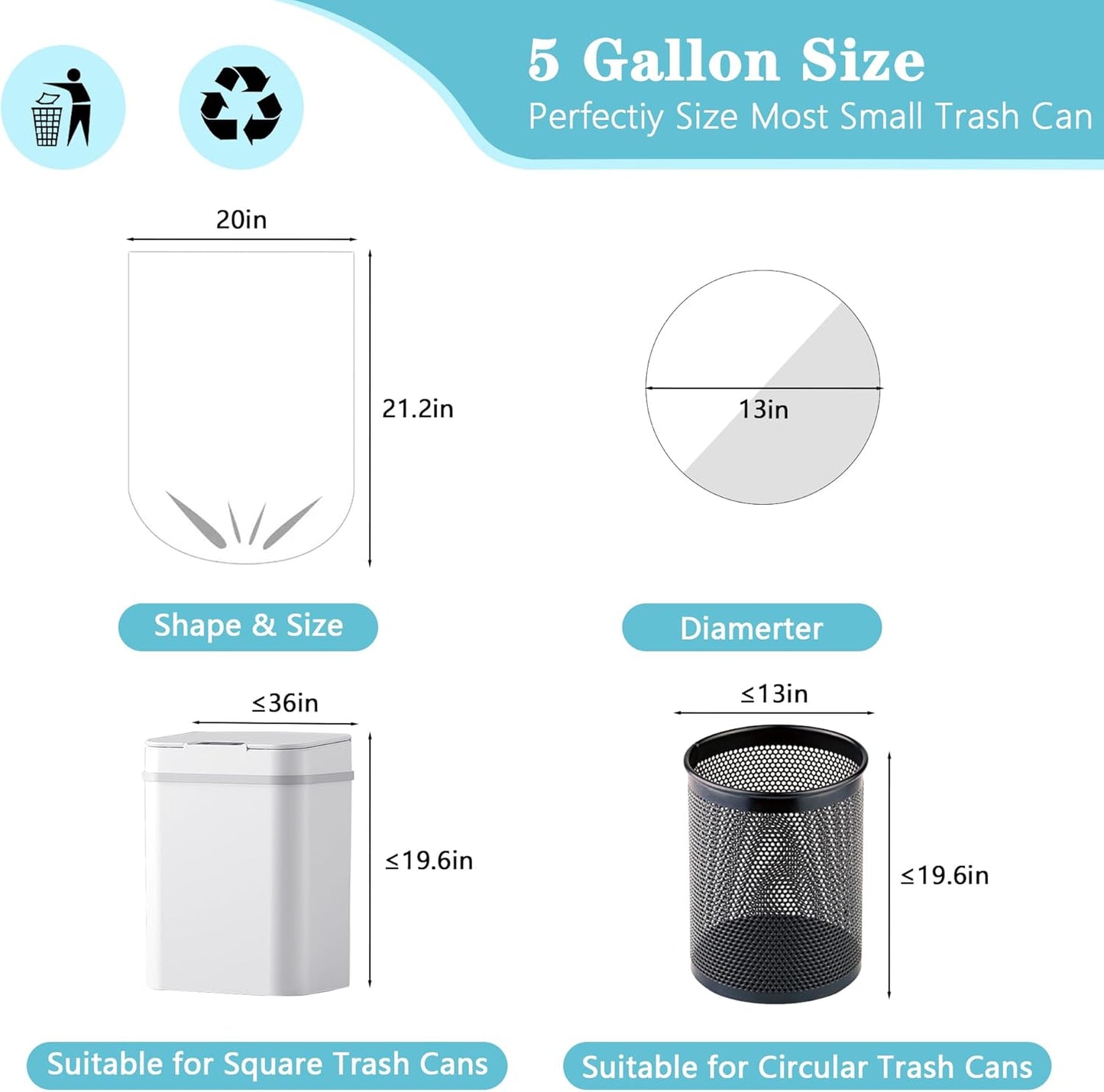 500 Count 5 Gallon Trash Bags, Strong Small Garbage Bags, Bathroom Trash Can Bin Liners, 4-6 Gallon Unscented White Wastebasket Liners for Kitchen Office Toilet and Bedroom
