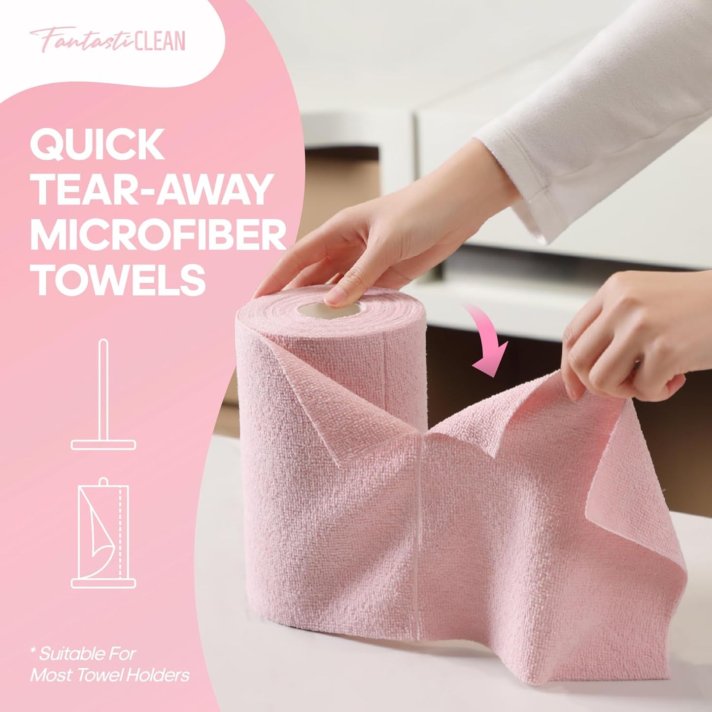 Fantasticlean Microfiber Cleaning Cloth Roll 2 Rolls 120 Pack, Tear Away Paperless Towels, 8" x 8", Reusable Washable Rags, Home Kitchen, Pet, Office, Indoor Outdoor, Portable (Pink and Off-White)