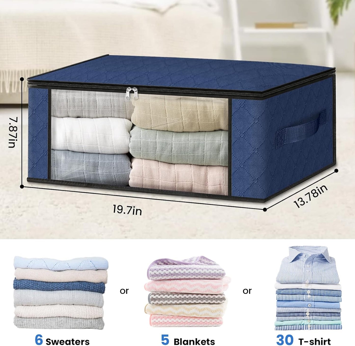 HomeHacks Storage 4-Pack Clothes Organizer Storage Bags Foldable Storage Box with Large Clear Window Sturdy Handles for Closet, Dorm, Pillows, Bedding, Clothes, Blankets, 35L, Blue