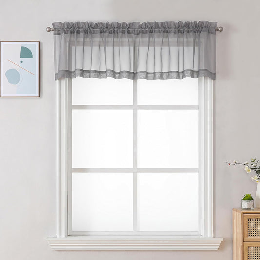 Chyhomenyc Sheer Charcoal Grey Valances for Windows 2 Pack, Small Window Curtains for Living Room Bathroom Cafe Laundry Basement, Modern Top Dual Rod Pocket Voile Curtain, 42W x 18L inches