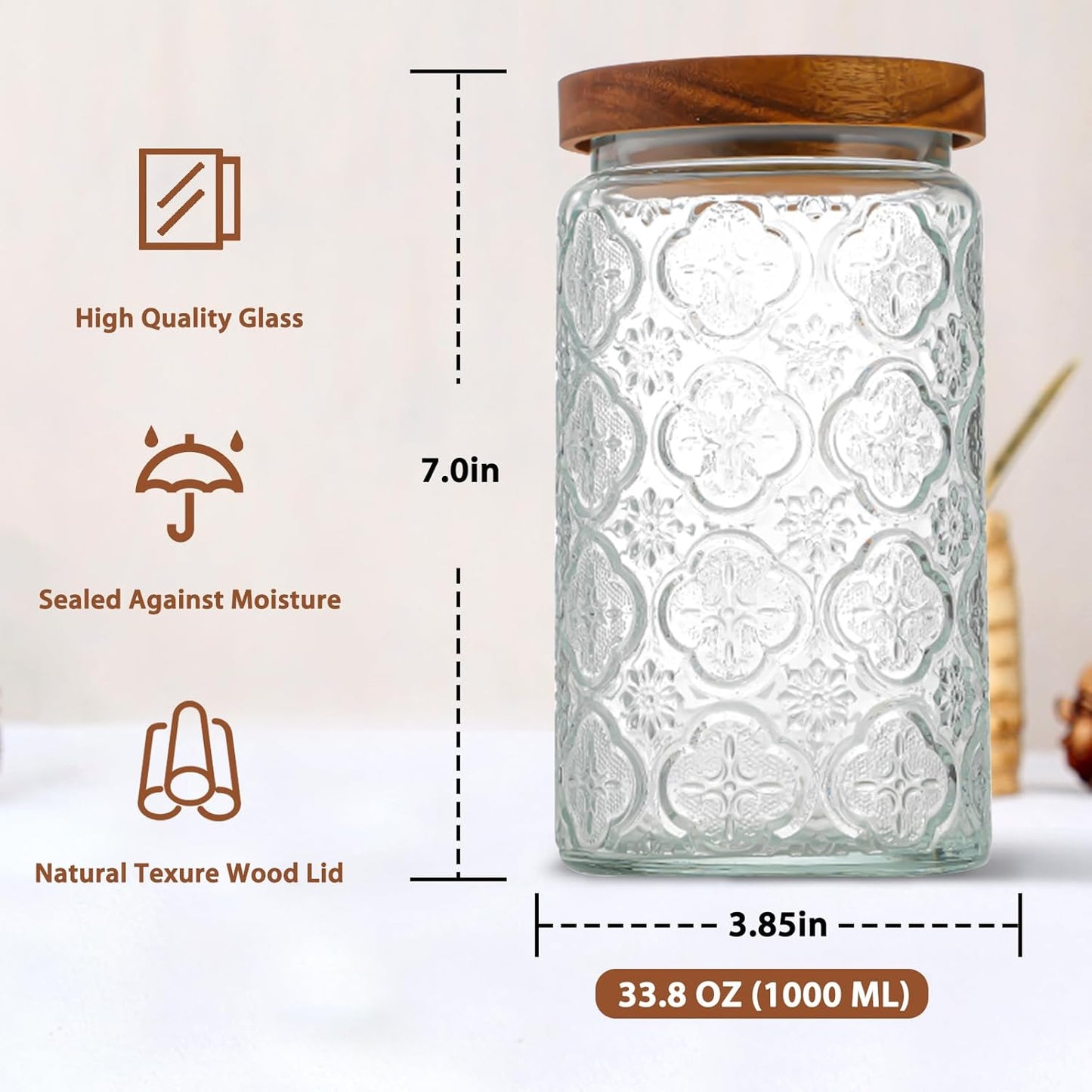 34 OZ/2 PCS Glass Storage Jar with Airtight Bamboo Wooden Lids, Vintage Food Containers Canisters Sets for Kitchen Counter Pantry, Sugar, Flour, Candy, Tea, Coffee Beans, Oats, Grain Bin, Pasta,