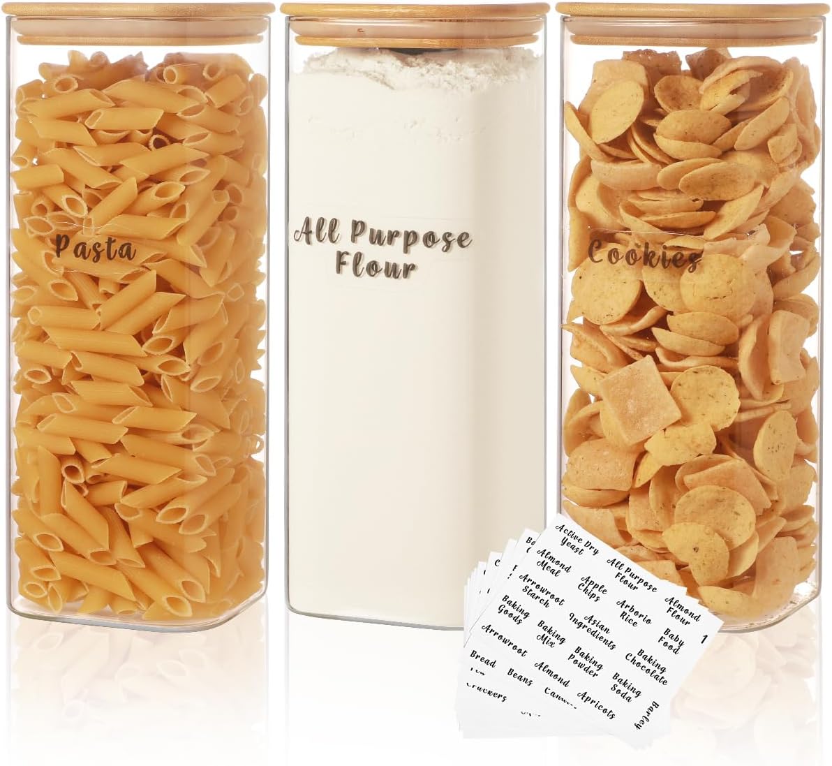 3 Pcs Square Glass Pantry Storage Containers with Bamboo Airtight Lid and 248 Clear Pantry Labels Preprinted - 62oz Thicken Glass Food Storage Jars for Coffee, Cookie, Tea, Sugar, Spice