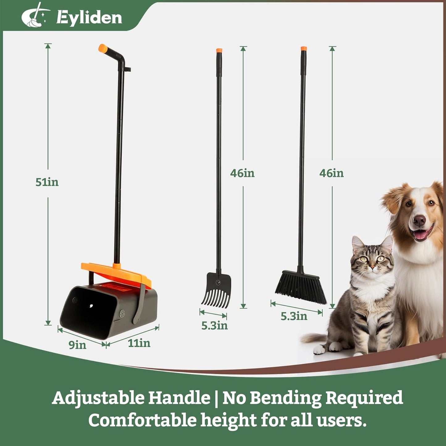 Eyliden Pooper Scooper Broom Set, Include - Dustpan with Lid, Rake, Broom, 35 Waste Bags, 46" Adjustable Long Handle - Yard Lawn Garden Dog Pooper Scooper Leaf Rake, Dust Pan and Broom Combo