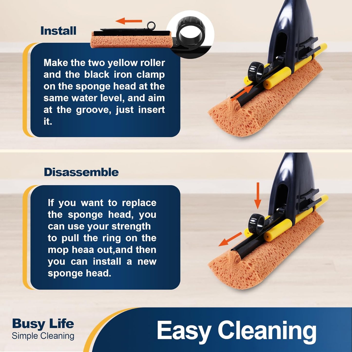 Yocada Sponge Mop Home Commercial Use Tile Floor Bathroom Garage Cleaning Total 2 Sponge Heads NOT 3 Telescopic Handle Squeegee from 42.5 to 52 Inches Easily Dry Wringing only 2 Heads