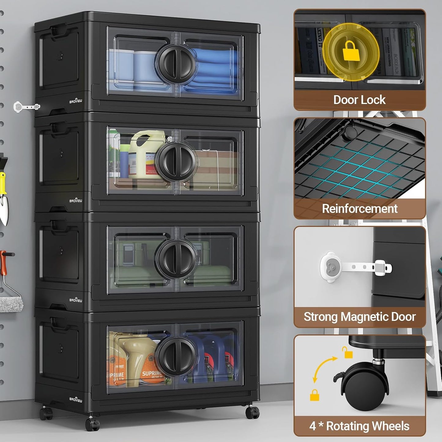 BROVIEW 480Qt Lockable Stackable Storage Bins with Lids, Closet Organizers and Storage Drawer, Collapsible Storage Bin with Wheels, Plastic Cabinet for Toy Clothes Dorm Organizer, V9 4 Pack Black