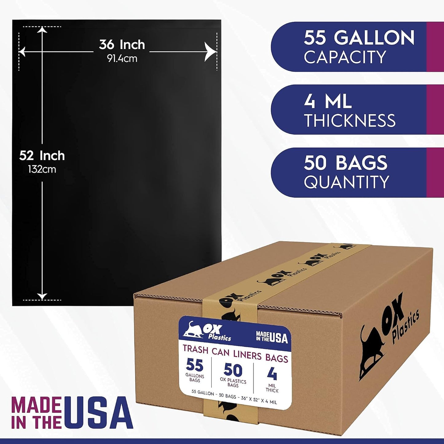 55 Gallon Trash Can Liners Bags 4 Mil - 50 Count & Thick Extra Heavy Duty Strength - Large Garbage Bag, Leak-Proof & Durable bags - Black