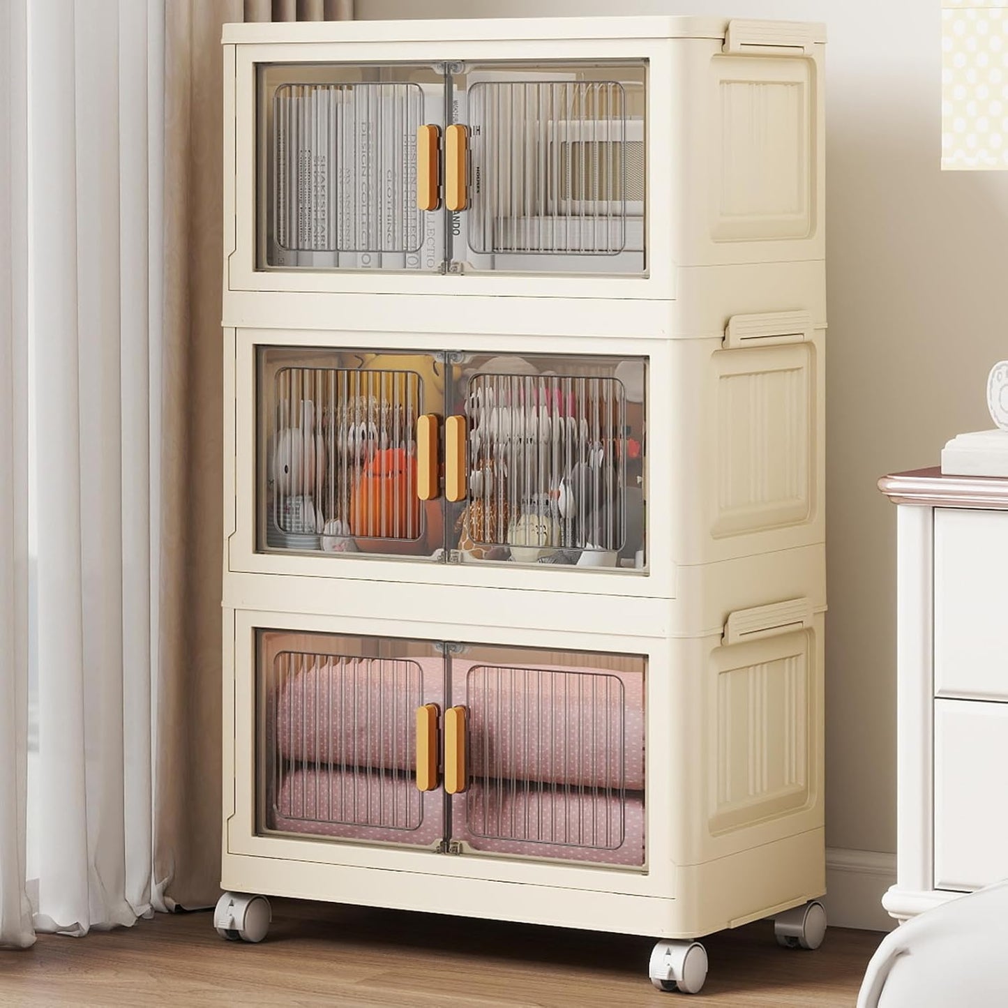 3 Tier Stackable Plastic Storage Bins with Lids 58QT, Collapsible Closet Organizers and Storage with Wheels for Living Room,Office,Dorm