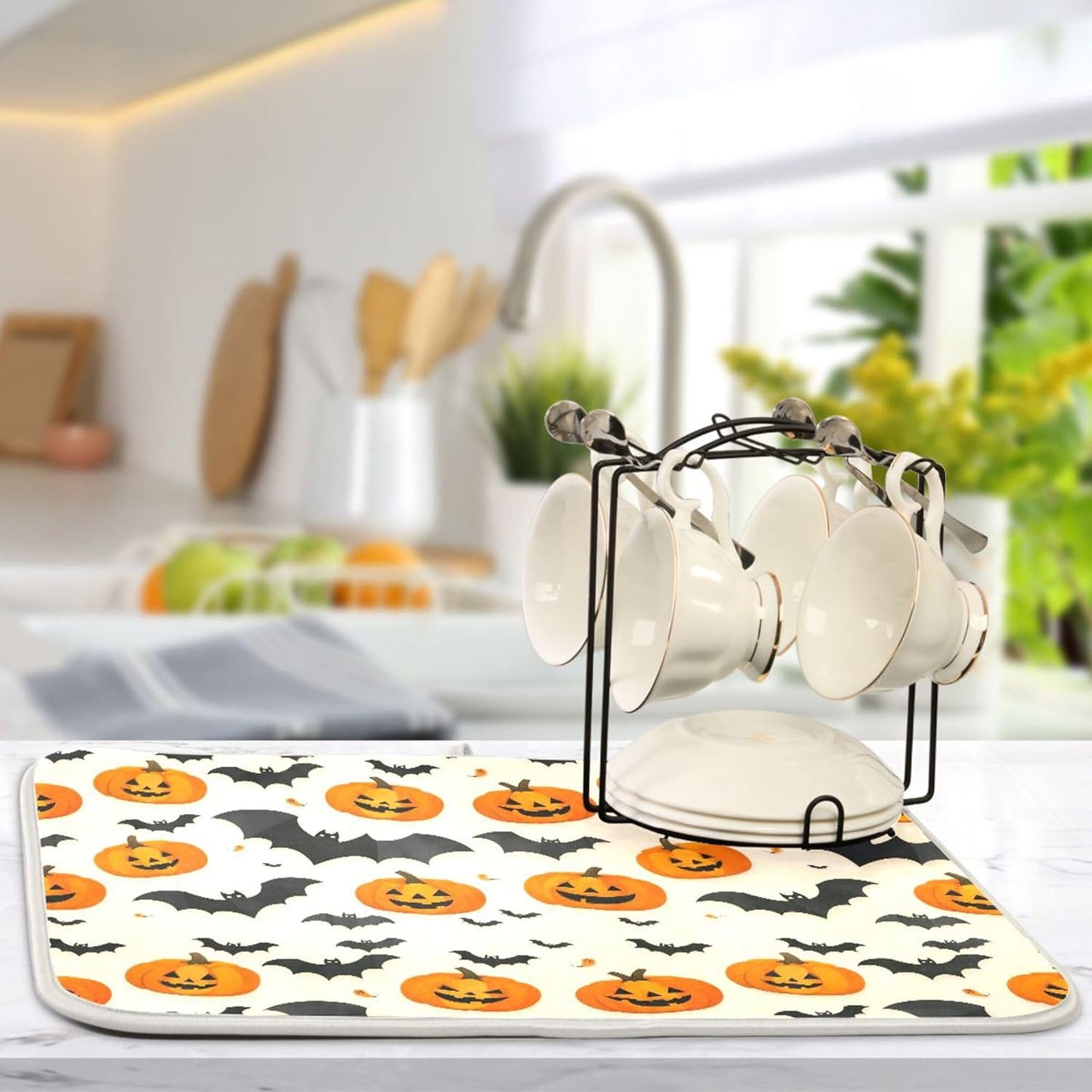 Halloween Black Bat Dish Drying Mat for Kitchen Countertop 16x18 Spooky Evil Pumpkin Lantern Small Drying Mat Reusable Quick Dry Dish Sink Mats Easy Clean Decorative Essentials