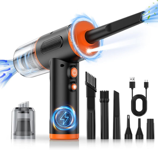 Compressed Air Duster, 100000RPM Handheld Car Vacuum/Air Blower& Pump, 3 Gear Adjustable Electric Air Duster/Car Vacuum Cleaner, Keyboard Duster with LED Light-10 Kits Air Blower for Computer(Orange)