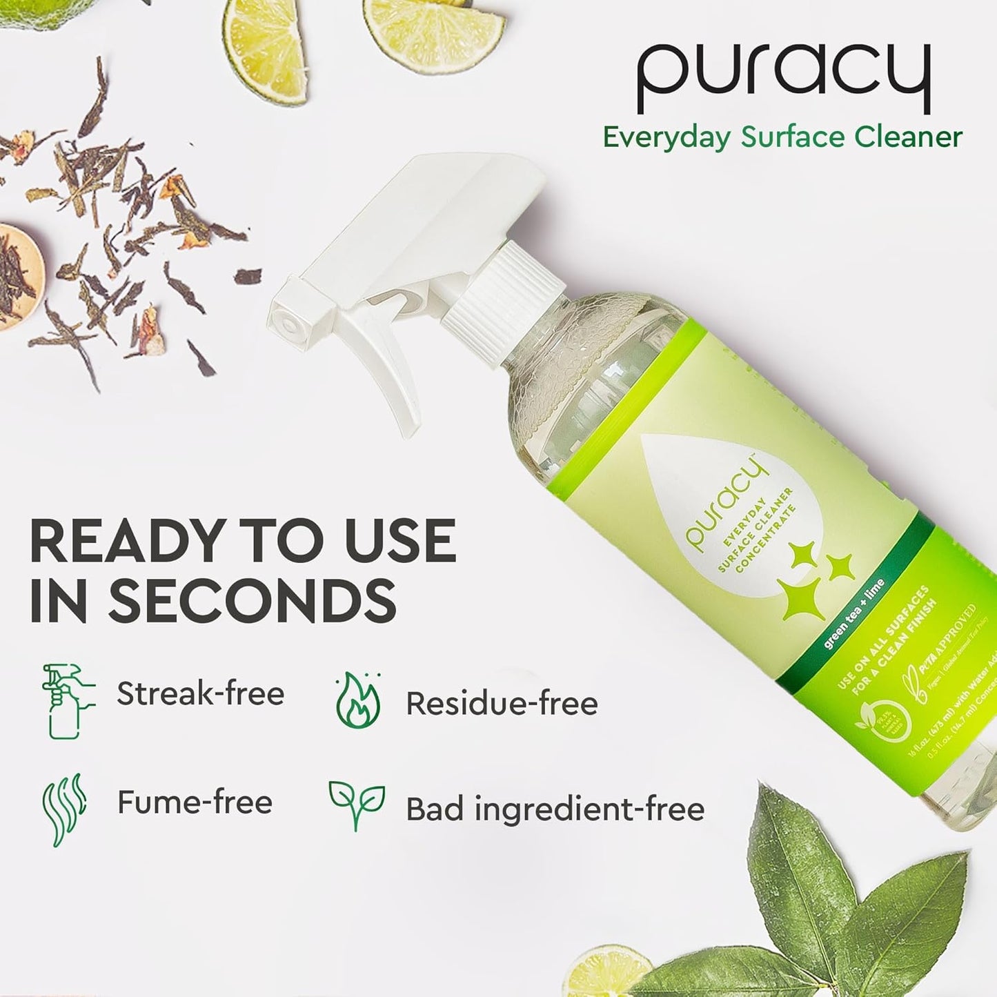 Puracy Multi-Surface Cleaner Spray - Plant-Powered Everyday Surface Cleaner - Natural All Purpose Cleaning Solution As Seen on TikTok (Green Tea and Lime Spray Bottle, 16 fl oz)