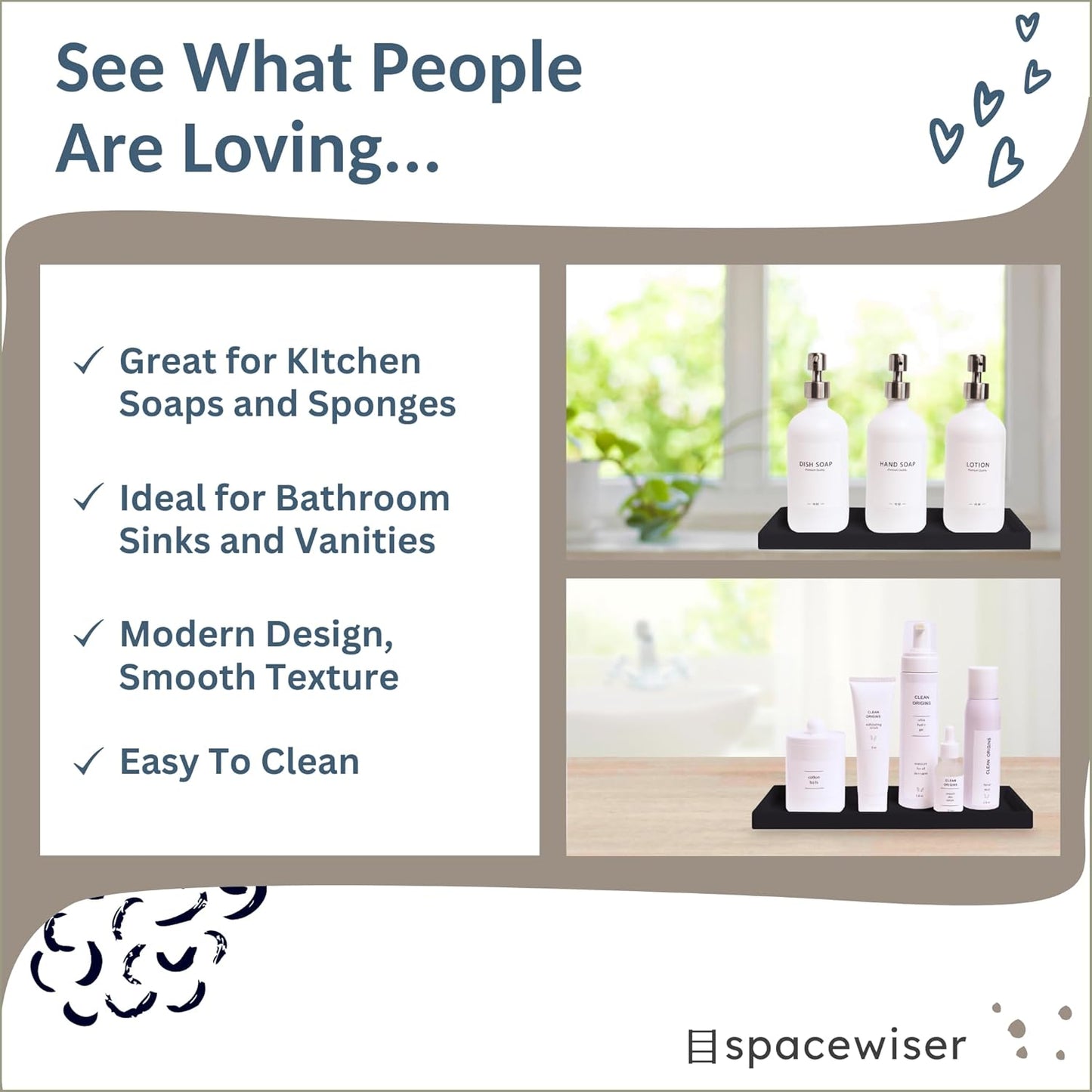 Countertop and Vanity Tray - 2 PC Large 11.7" Silicone Bathroom Trays, Counter Organizer, Dish Soap Sponge Holder Kitchen Sink Tray Organizer, Sink Caddy Toothbrush Key Kitchen Soap Trays