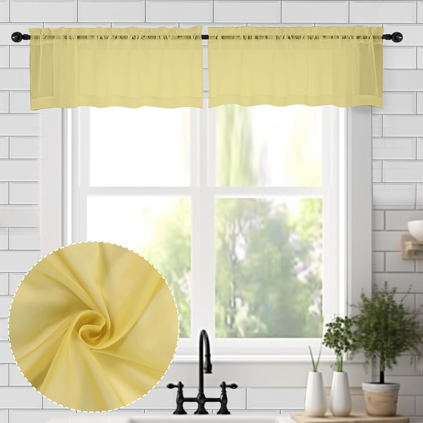 Chyhomenyc Sheer Valances for Windows 2 Pack, Small Valance for Living Room Bathroom Cafe Laundry Basement, Lightweight Rod Pocket Voile Curtain, Mustard Yellow, 42Wx14L Inches