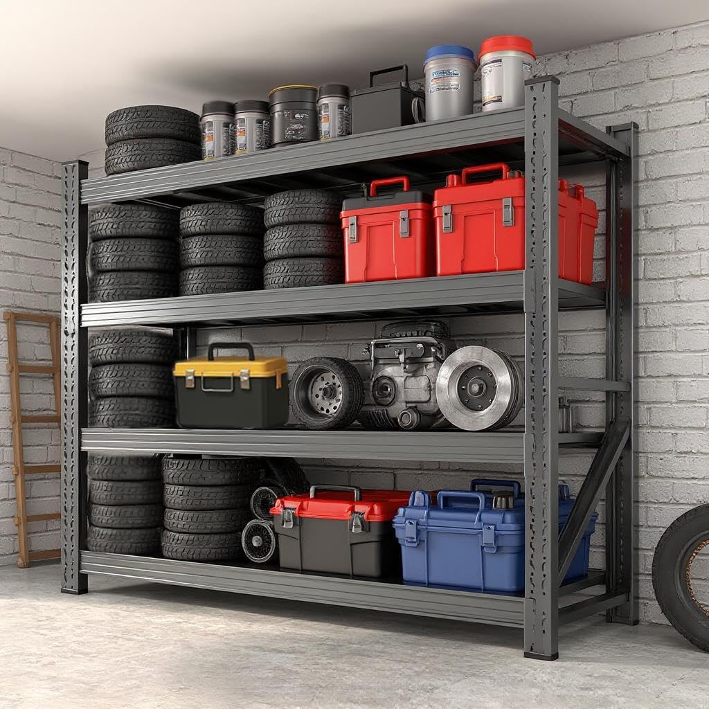 Heavy Duty Garage Shelving Unit 5000LBS, 59" W Storage Shelves 4 Tier Metal Shelves Adjustable, Industrial Storage Shelf for Warehouse, Basement, Pantry