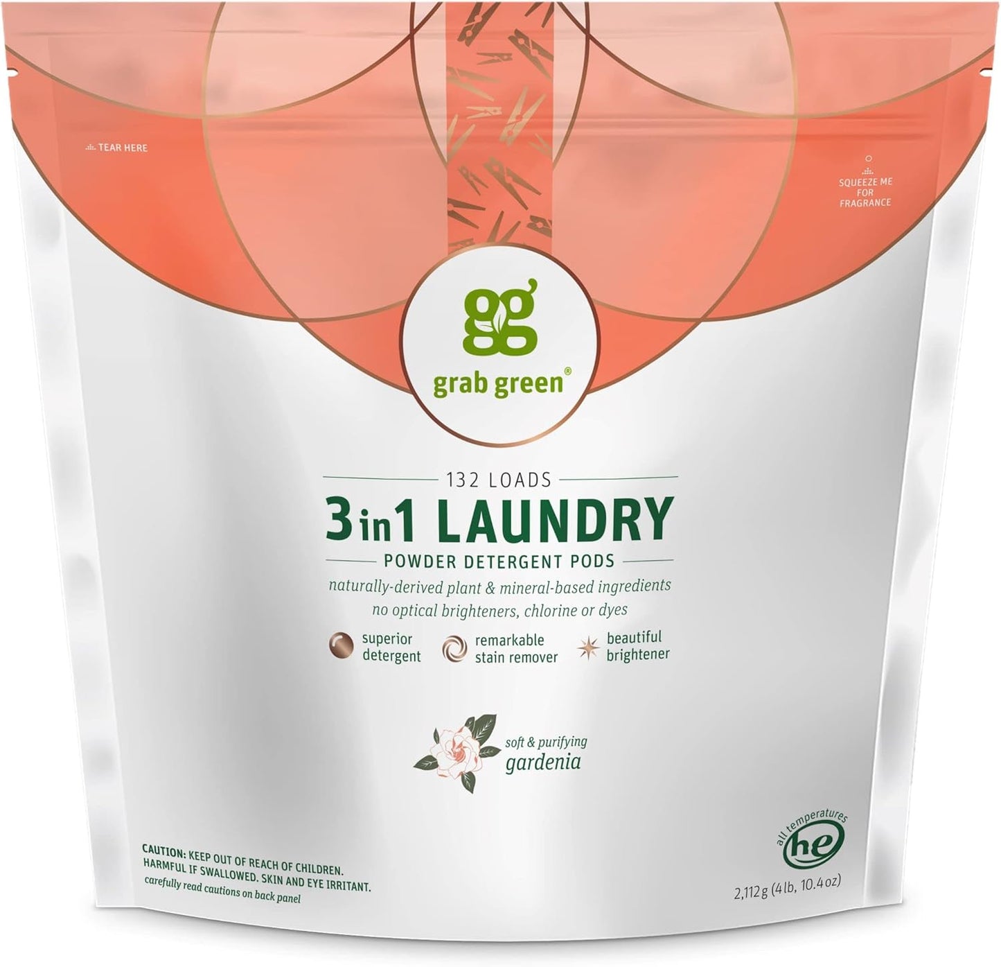 Grab Green 3-in-1 Laundry Detergent Pods, 132 Count, Gardenia Scent, Plant and Mineral Based, Superior Cleaning Power, Stain Remover, Brightens Clothes