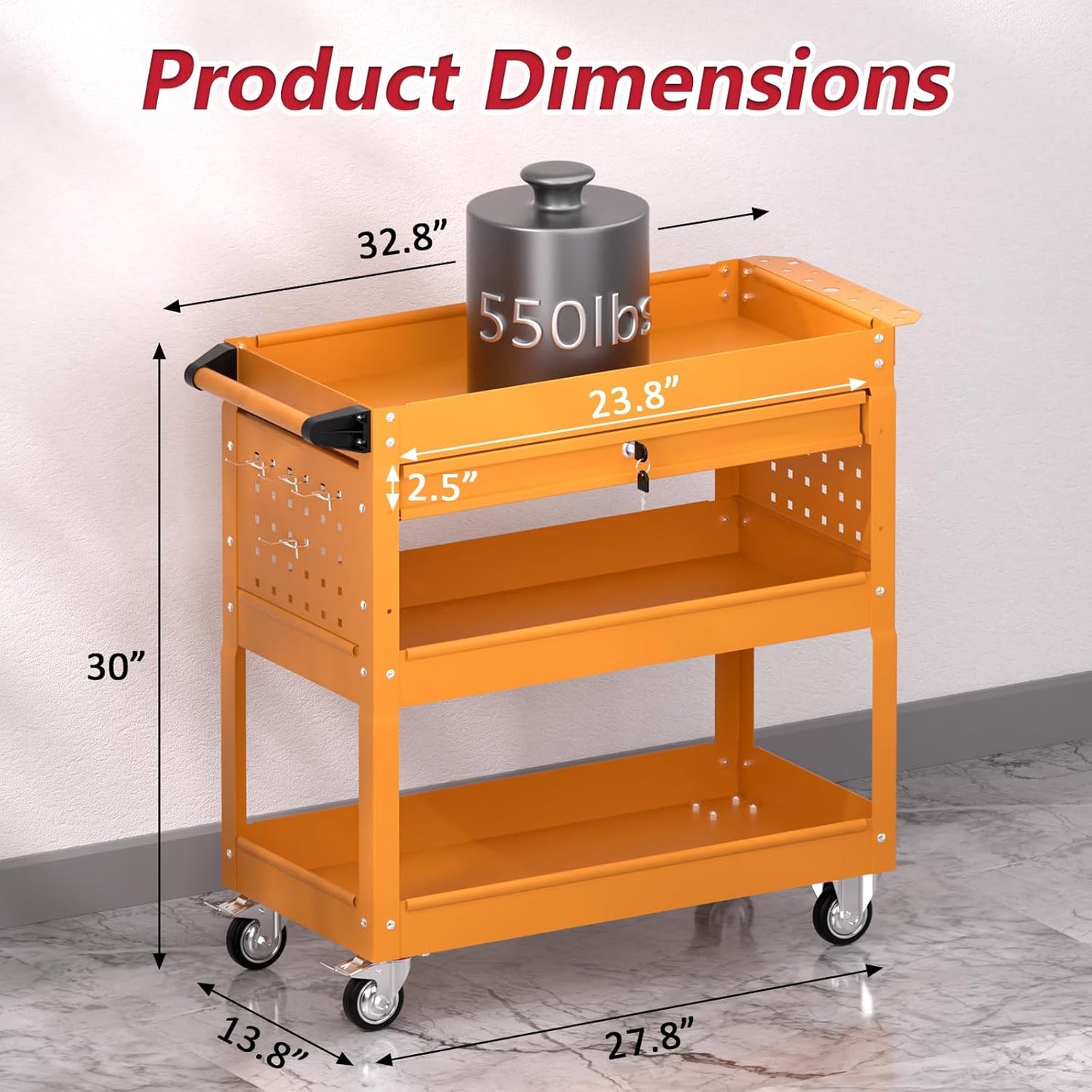 3 Tier Rolling Tool Cart on Wheels, Heavy Duty Service Cart Industrial Utility Cart with Drawer and Screwdriver Rack Pegboard, 550 LBS Mobile Tool Storage Organizer for Garage, Workshop (Orange)
