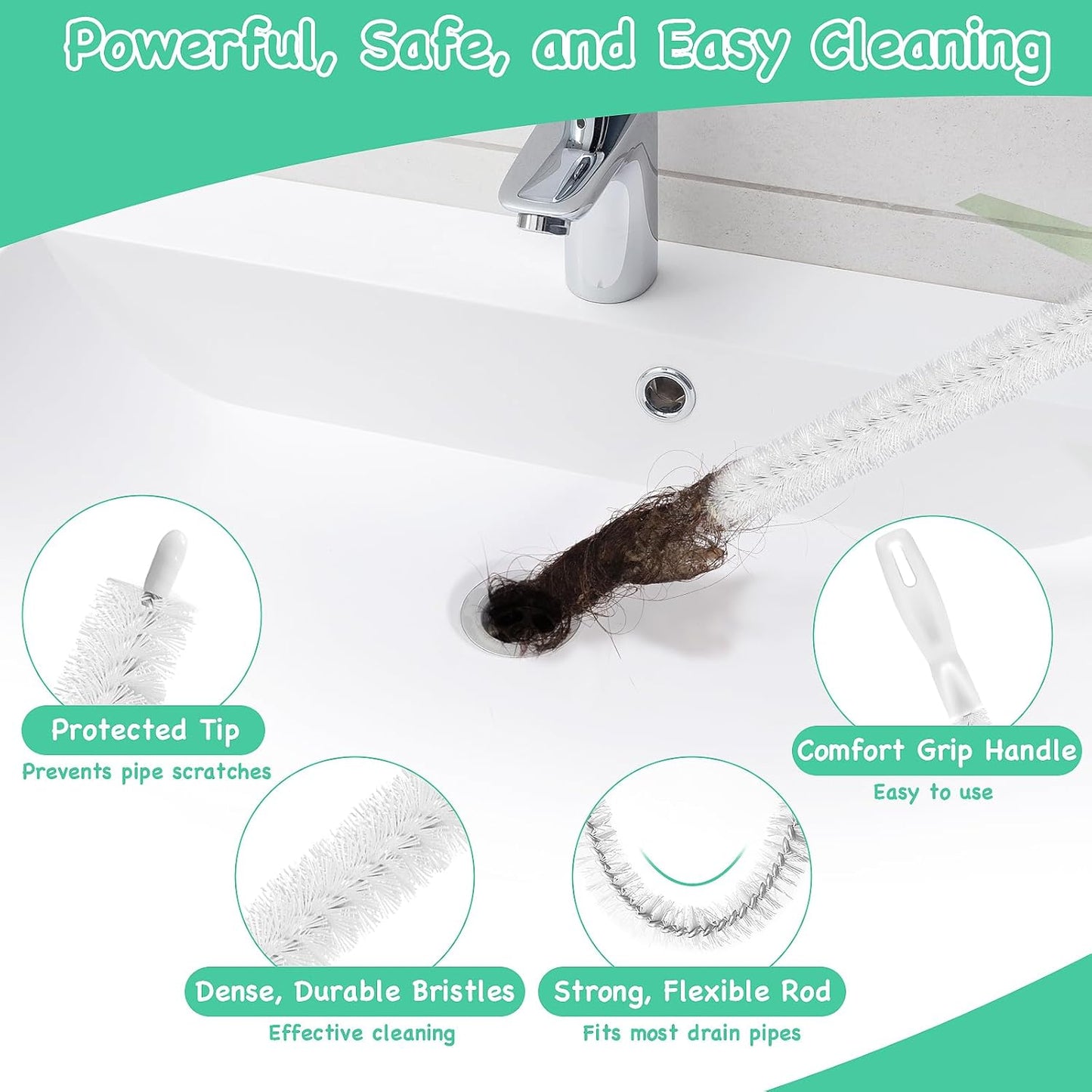 20PCS Drain Clog Remover Tool Set – 59” Drain Snake (2), 37” Snake Drain Hair Removal Tool (2), 25” Plumbing Snake (4), 24” Sink Snake (1), 18” Sink Drain Cleaner Tool (1), Straw Cleaning Brushes (10)