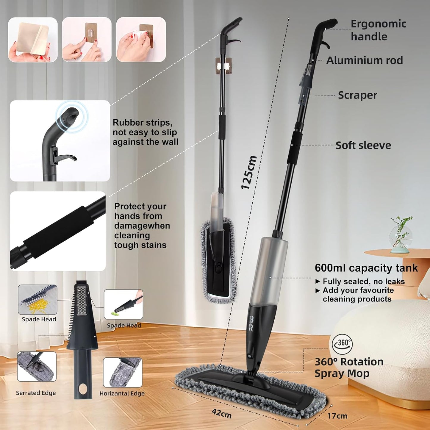 Microfiber Spray Mop for Floors Dry and Wet Mop with Dusting 360 Rotation for Kitchen, Hardwood, Laminate, Tile Floors Includes 6 Refill Heads, Scraper, Holder & Spray Bottle