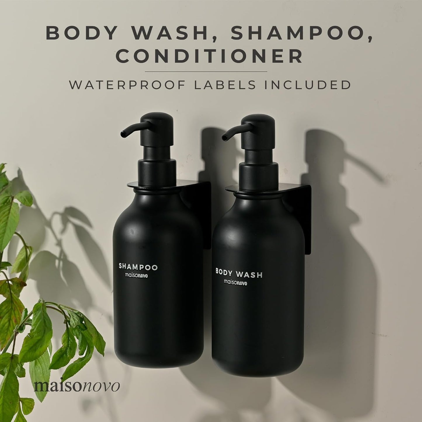 MaisoNovo Shampoo and Conditioner Dispenser - Shower Soap Dispenser Wall Mounted - 16.9 fl oz Set of 3 Black Plastic Bottles Black Pump - Shampoo Dispenser, Shower Dispenser