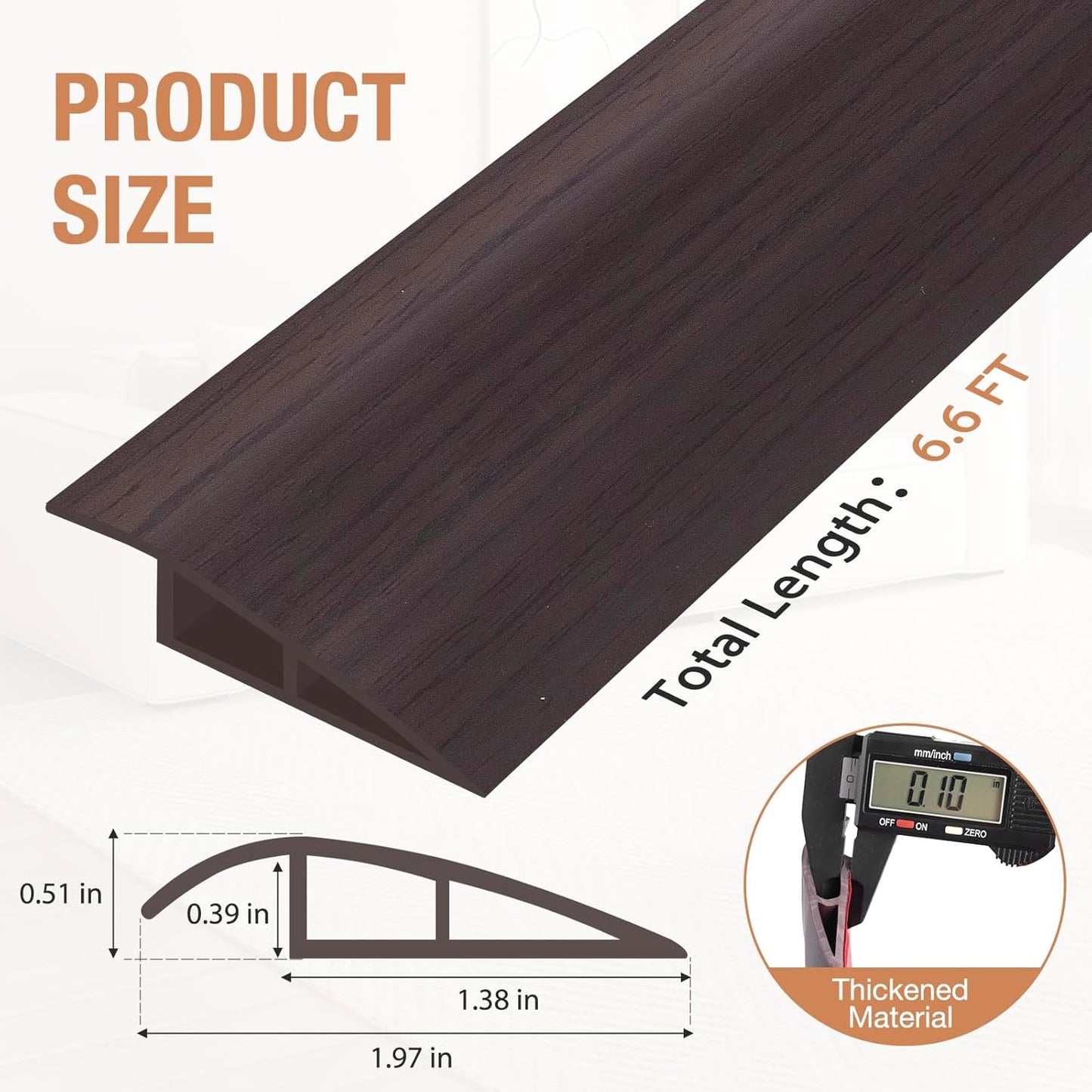 Floor Transition Strip Self Adhesive Vinyl Door Threshold for Doorways Carpet Edging Trim Overlap Edge Reducer for Laminate Floor, Carpet, Tile (Dark Walnut Grain, 1/5" to 2/5", 6.6Ft)