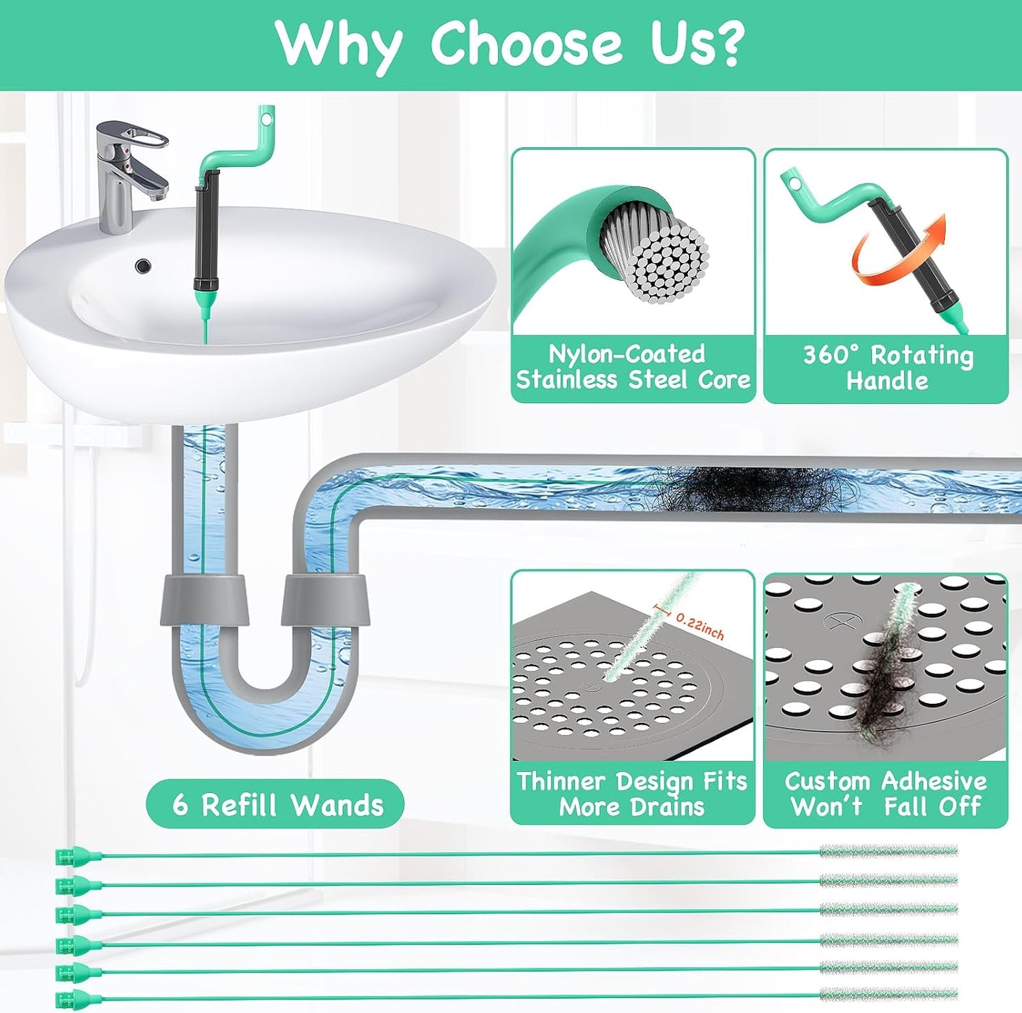 Drain Clog Remover Tool – 30”Anti-break Steel Sink Snake Hair Drain Cleaner Tool, Plumbing Snake with Rotating Handle & 6 Refills, Drain Hair Remover for Shower, Toilet, Kitchen Sink, Bathtub. 6-Pack