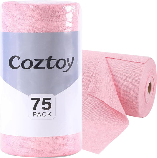 Microfiber Cloth Roll 75 Pack, 180GSM, Tear Away Microfiber Towels 12x12 Inch, Reusable Cleaning Rags for Car Detailing, Kitchen, Dishes, House Cleaning, Windows, Glass, Garage, Shop (Pink)