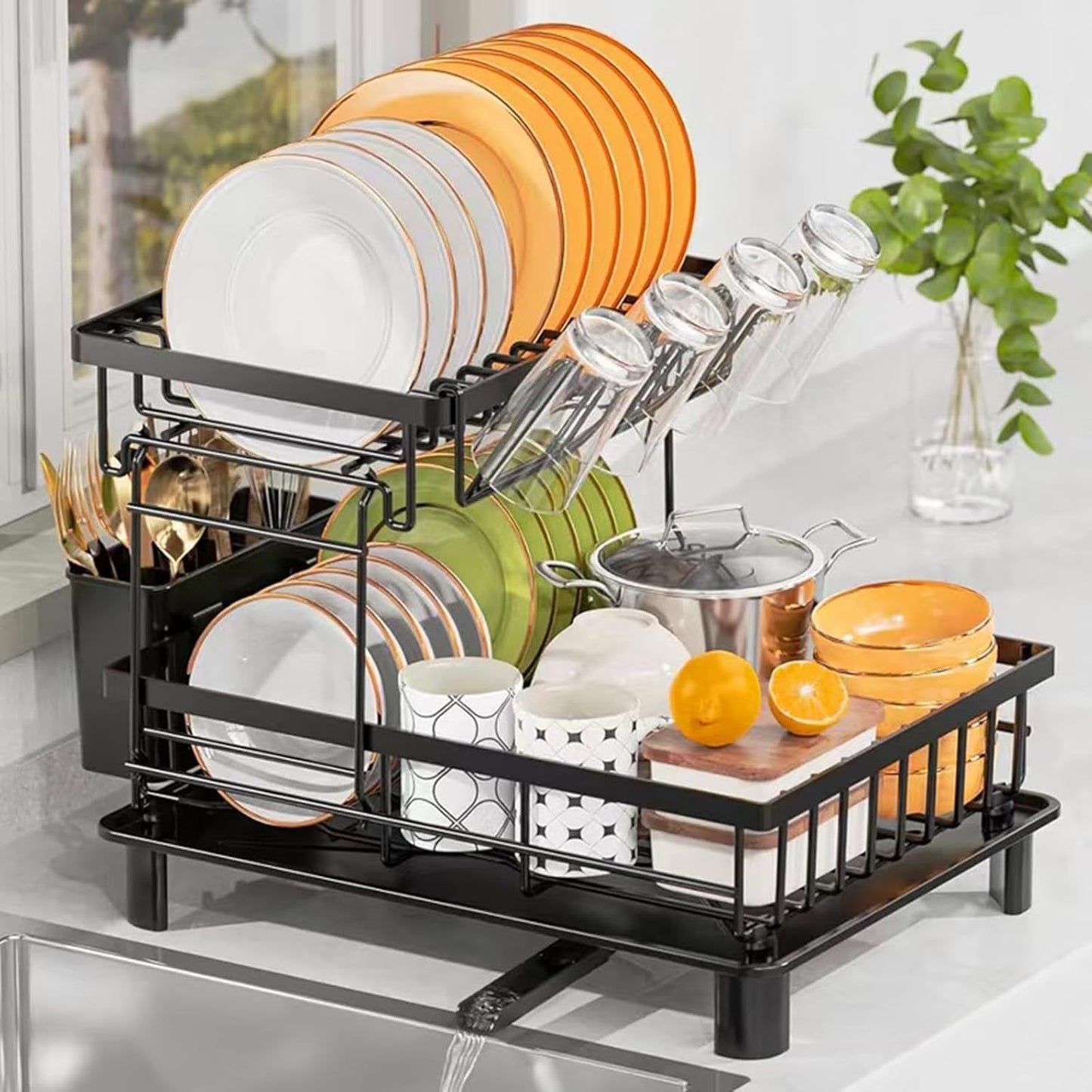 Dish Drying Rack, Large 2 Tier Stainless Steel Dish Rack for Kitchen Counter with a Drainboard, Cutlery, Cup Holder, Kitchen Organizers and Storage Rack, 17" L x 13" W, Black