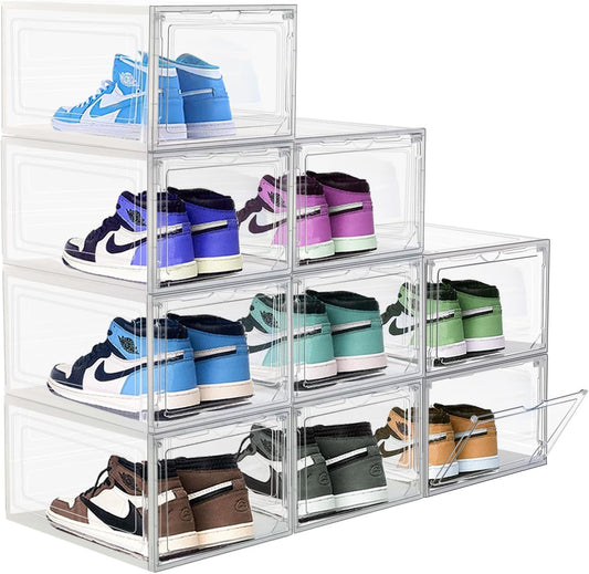 9 Pack Thicken Shoe Organizer Stackable Upgraded Sturdy Transparent Shoe Storage Box with Magnetic Door Sneaker Hats Display Case Fit Up to US Size 12, Clear