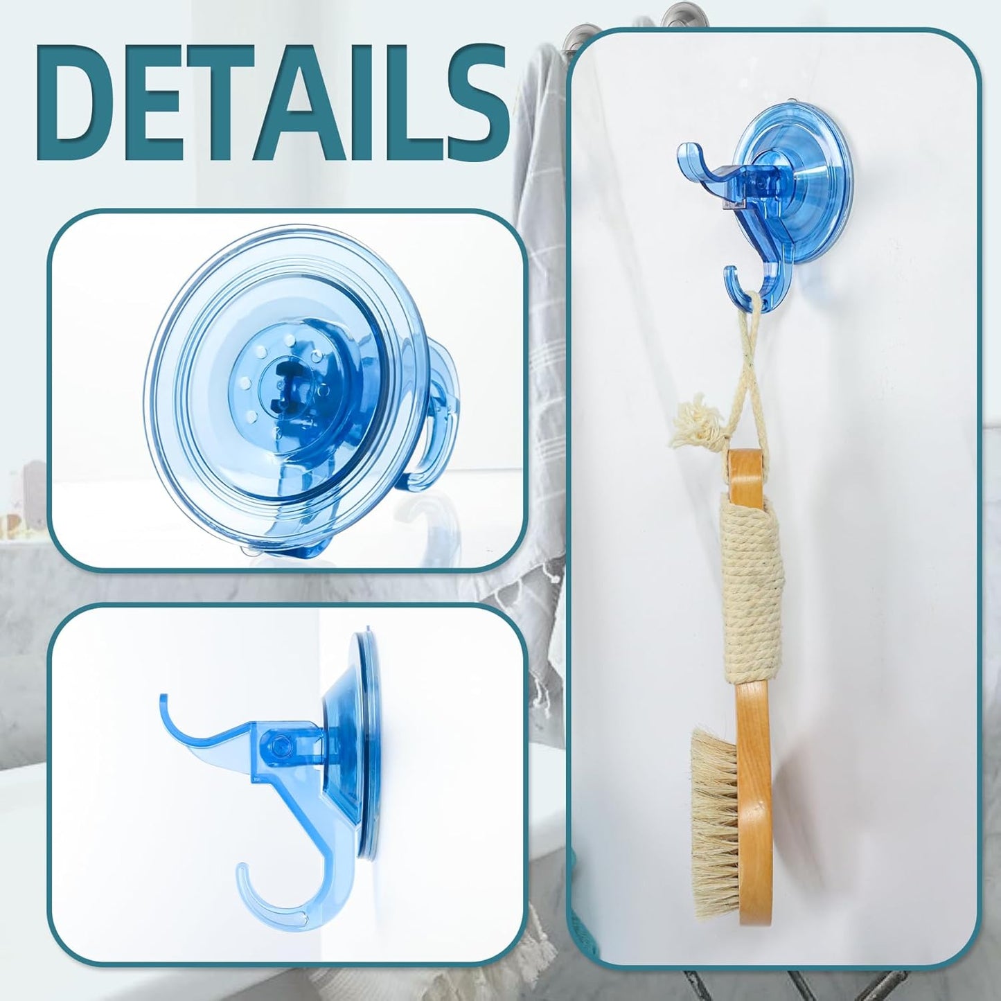 Antimbee Suction Hooks, 5 Pack Clear Hanger, Removable Small Suction Cups for Shower, Bathroom, Glass, Door, Windows, Kitchen - Up to 11 lbs on Smooth Surface - 2 Hooks Design (Transparent Blue)