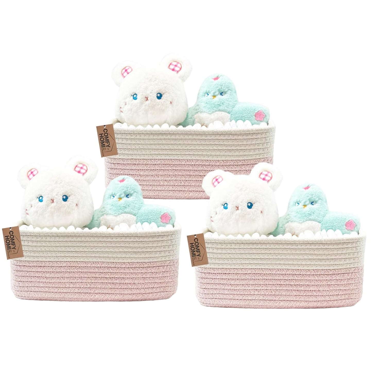 COMFY-HOMI 11.5"x7.5"x4.7" Storage Baskets for Organizing | Cotton Rope Woven Basket | Toy Storage Bin Box | Basket for Shelves, Closet Organizer Bin, Decorative Closet Shelf, 3 Pack, Pink