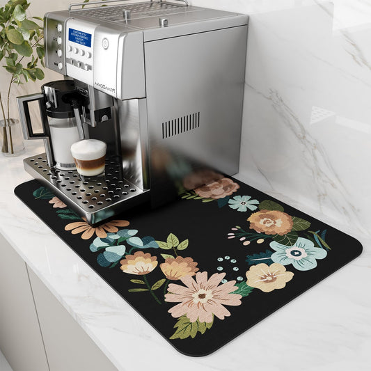 AMOAMI Coffee Mat Hide Stain Rubber Backed Absorbent Dish Drying Mat for Kitchen Counter - Bar Accessories Fit Under Coffee Maker, Espresso Machine, Dish Rack - Floral Black 16x24